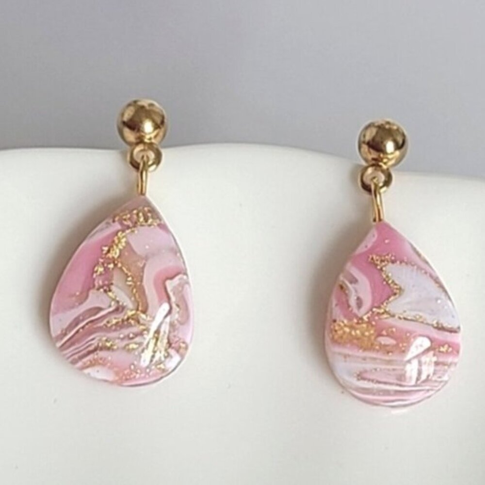 Boho Gold Ball Resin Pink White Agate Gemstone Inspired Teardrop Dangle Earrings